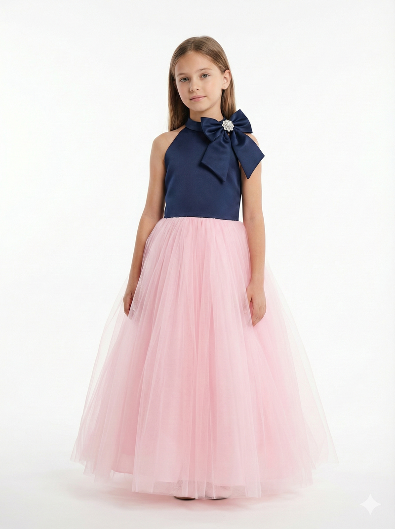 Navy Blue Satin Top & Pink Tulle Princess Dress