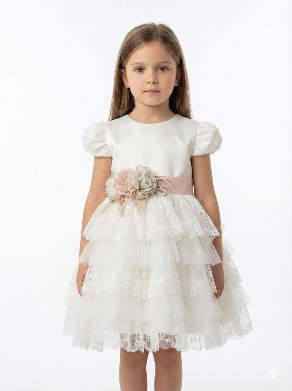 White Layered Lace Dress with Satin Bodice & Floral Belt