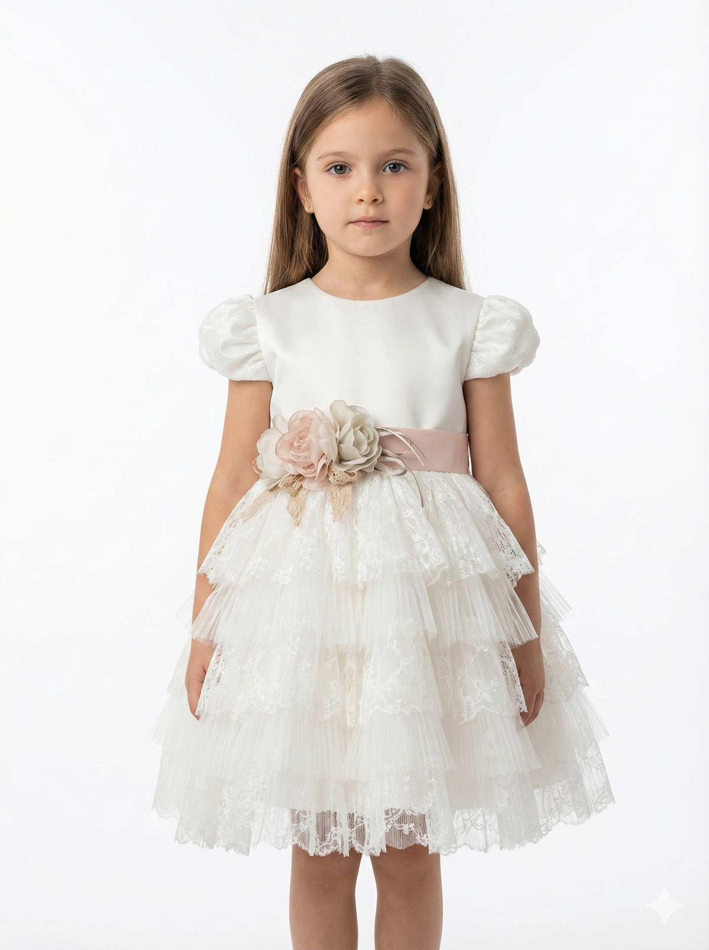 White Layered Lace Dress with Satin Bodice & Floral Belt