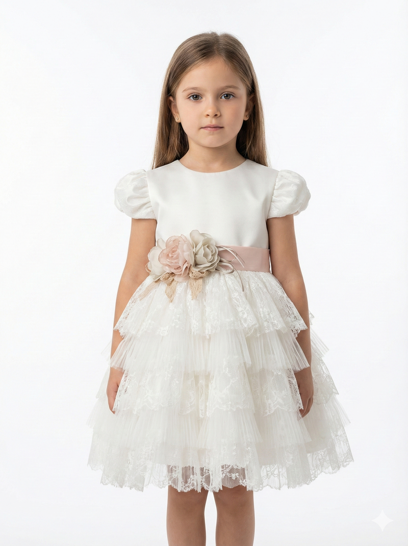 White Layered Lace Dress with Satin Bodice & Floral Belt