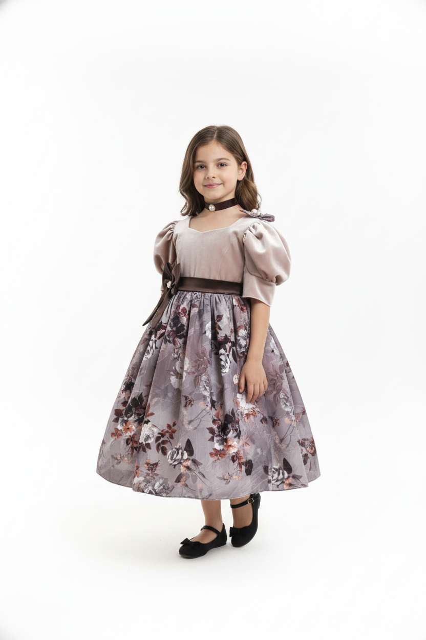 Vintage Taupe Satin Dress with Floral Skirt & Puff Sleeves